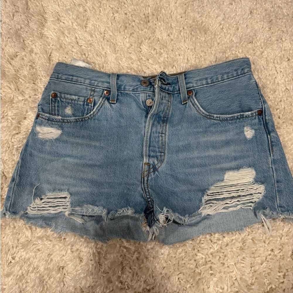 Levi's 501 Blue Distressed Jean Shorts Raw Hem